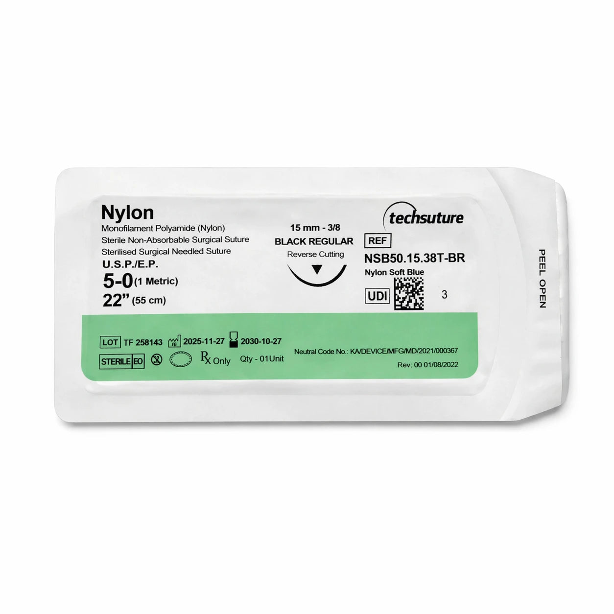 Single sterile package of Techsuture Nylon Soft Blue Suture USP 5-0 with 15 mm Black Regular needle