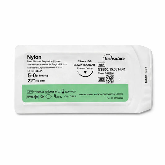 Single sterile package of Techsuture Nylon Soft Blue Suture USP 5-0 with 15 mm Black Regular needle