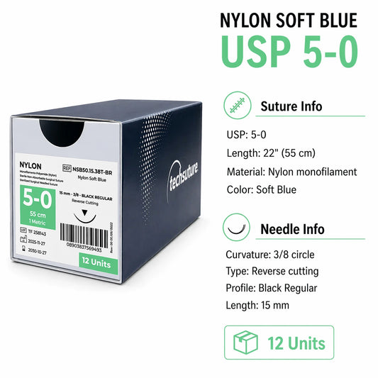 Techsuture Nylon Soft Blue Suture USP 5-0 with 15 mm 3/8 circle Black Regular needle specifications