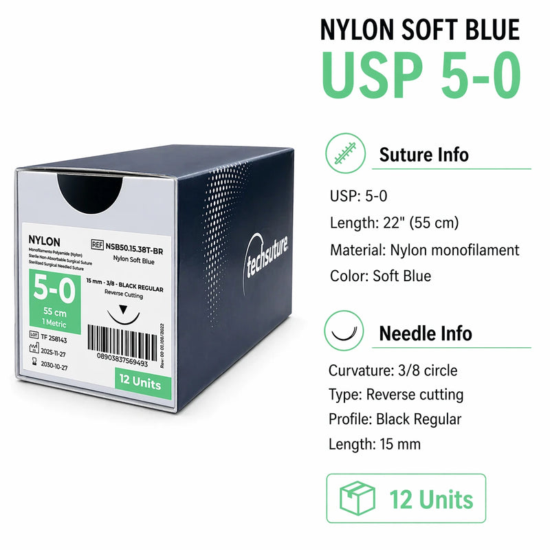 Techsuture Nylon Soft Blue Suture USP 5-0 with 15 mm 3/8 circle Black Regular needle specifications