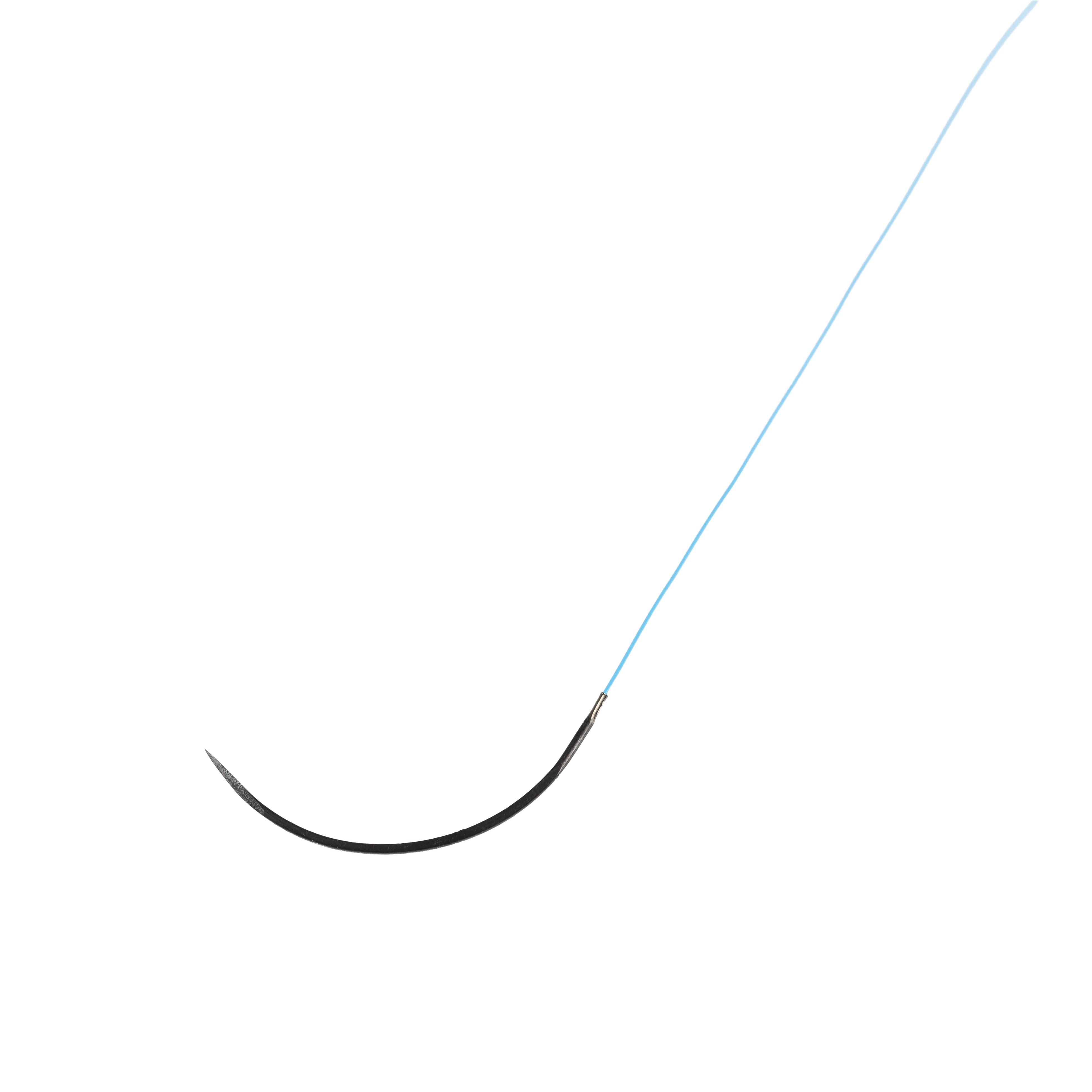 Close-up of 15 mm 3/8 circle Black Narrow needle for Techsuture Nylon Soft Blue Suture USP 5-0