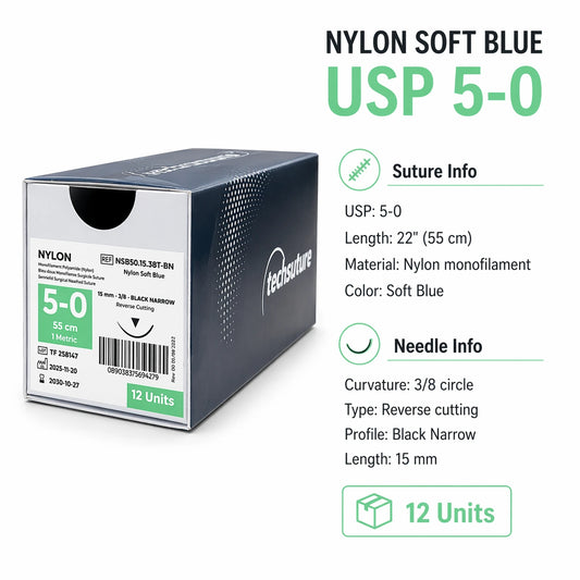 Techsuture Nylon Soft Blue Suture USP 5-0 with 15 mm 3/8 circle Black Narrow needle specifications