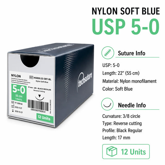 Techsuture Nylon Soft Blue Suture USP 5-0 with 17 mm 3/8 circle Black Regular needle specifications