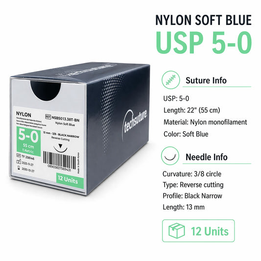Techsuture Nylon Soft Blue Suture USP 5-0 with 13 mm 3/8 circle Black Narrow needle specifications