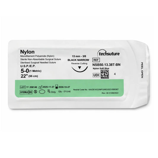 Single package front view of Techsuture Nylon Soft Blue Suture USP 5-0