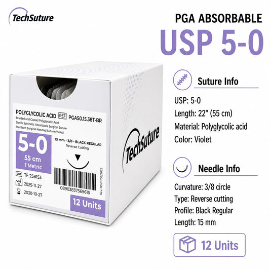 Techsuture PGA absorbable suture USP 5-0 15 mm 3/8 circle black regular box of 12 violet braided suture