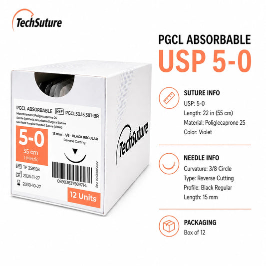 Techsuture PGCL absorbable suture USP 5-0 with 15 mm 3/8 circle Black Regular reverse-cutting needle, box of 12