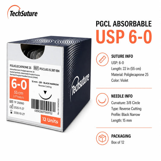 Techsuture PGCL absorbable suture USP 6-0 with 15 mm 3/8 circle Black Narrow reverse-cutting needle, box of 12