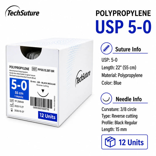 Techsuture Polypropylene Non-Absorbable Suture – USP 5-0, 15 mm 3/8 Circle Black Regular, 22 in (55 cm), Box of 12