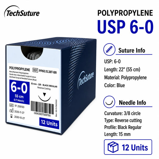 Techsuture Polypropylene Non-Absorbable Suture – USP 6-0, 15 mm 3/8 Circle Black Regular, 22 in (55 cm), Box of 12