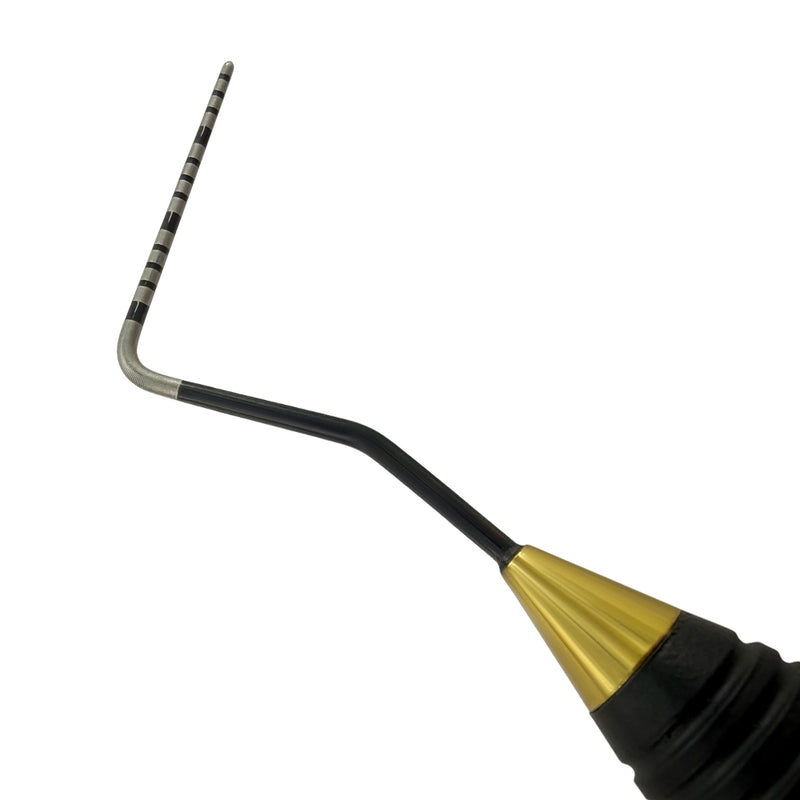 Macro close-up of UNC15 periodontal probe tip with 1-15 mm markings