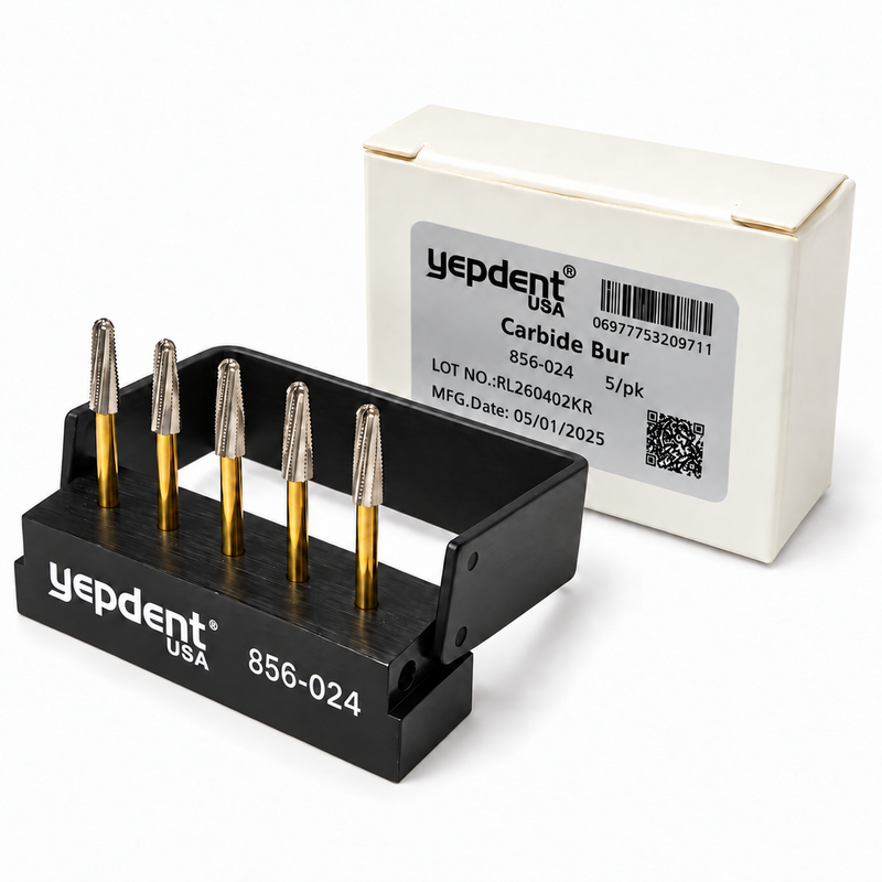 Yepdent 856-024 FG carbide burs in a black holder with labeled product box, pack of five