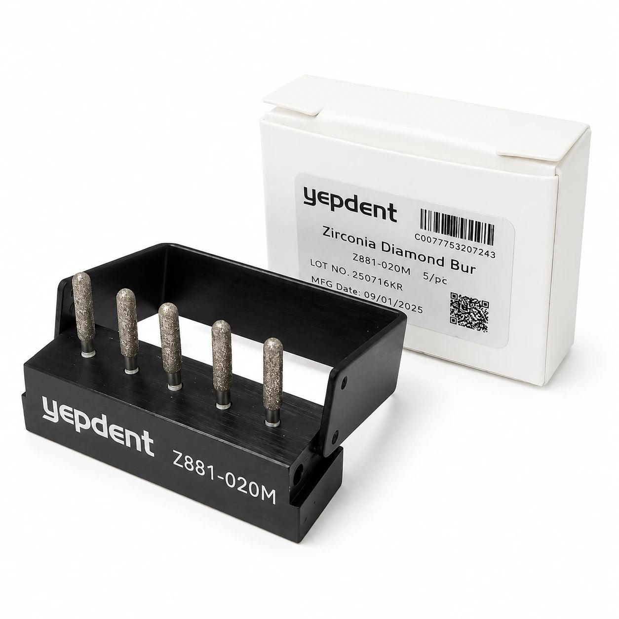 YepDent Z881-020M zirconia crown-cutting diamond burs in holder with product box, pack of 5