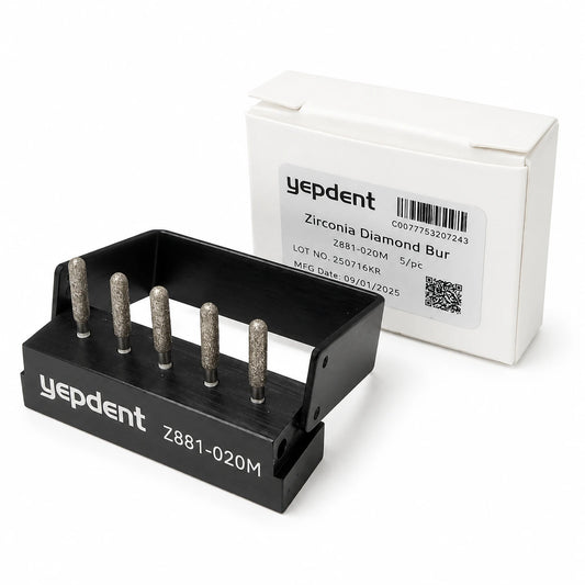 YepDent Z881-020M zirconia crown-cutting diamond burs in holder with product box, pack of 5
