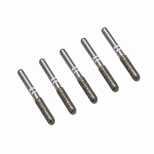 Five 2.0 mm medium-grit FG zirconia crown-cutting diamond burs with round-end cylinder heads